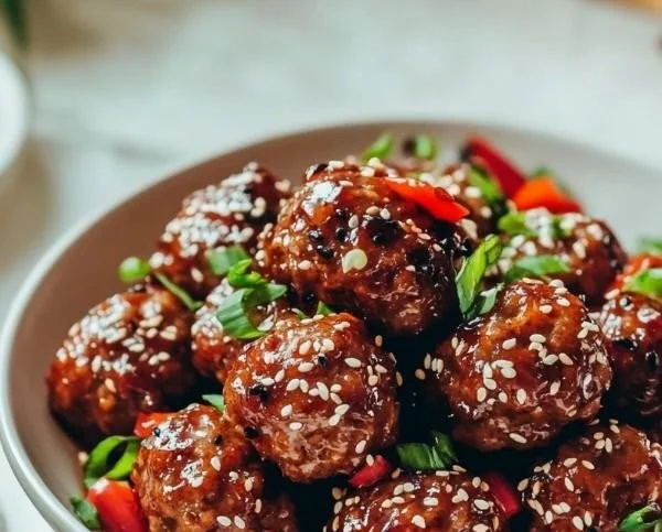 Plate of flavorful Asian meatballs garnished with herbs and spices