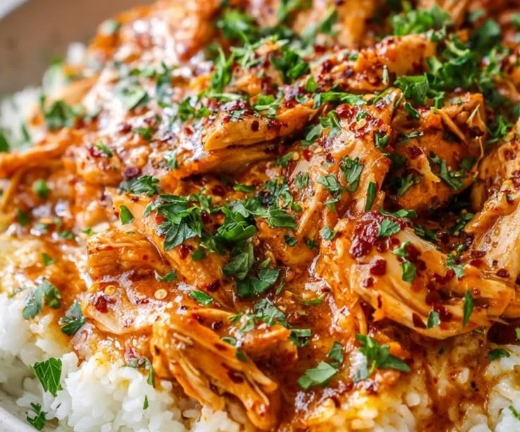 Creamy Crockpot Cajun Butter Chicken served with rice and herbs