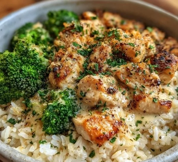 Creamy garlic chicken and rice bowl topped with herbs