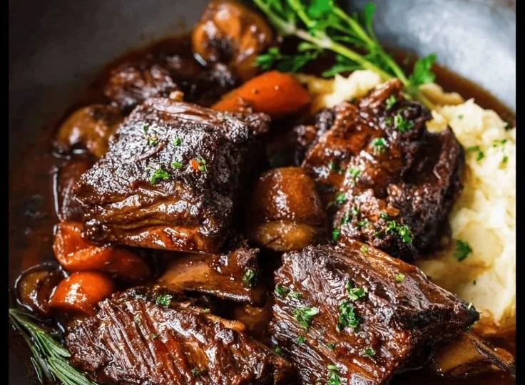 Crockpot beef short ribs ready to serve with rich gravy and vegetables