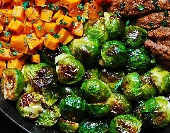 Garlic Butter Steak with Brussels Sprouts and Sweet Potatoes