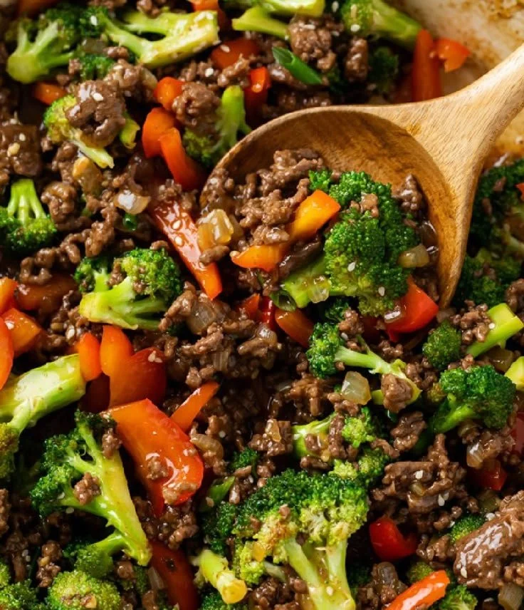 Ground beef with broccoli dish served in a bowl