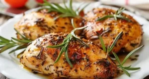 Heart-healthy rosemary dijon chicken served on a plate with fresh herbs.