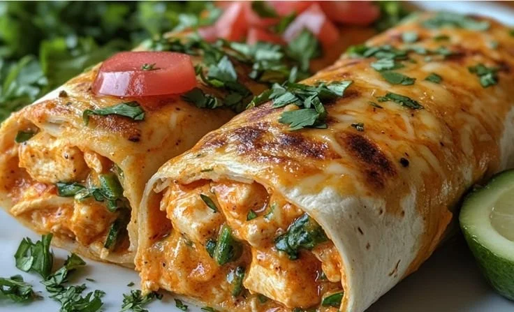 Cheesy buffalo chicken burritos on a plate, garnished with fresh herbs.