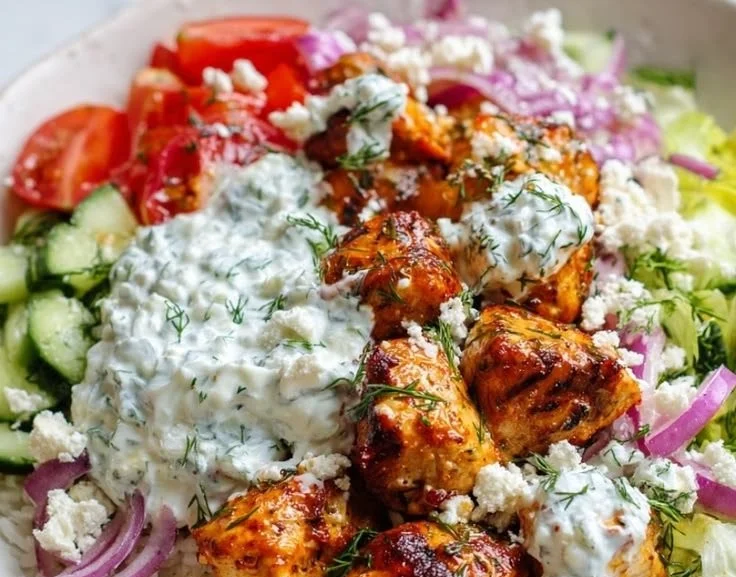 High-protein Mediterranean lemon-dill chicken bowl with fresh ingredients