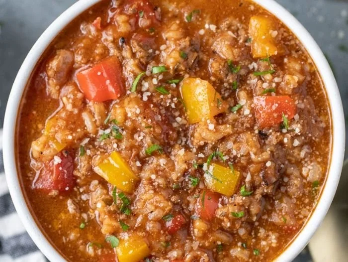 A bowl of high-protein stuffed pepper soup garnished with fresh herbs.