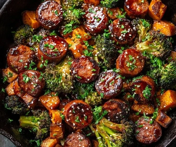 Honey Garlic Sausage with roasted sweet potatoes on a sheet pan dinner