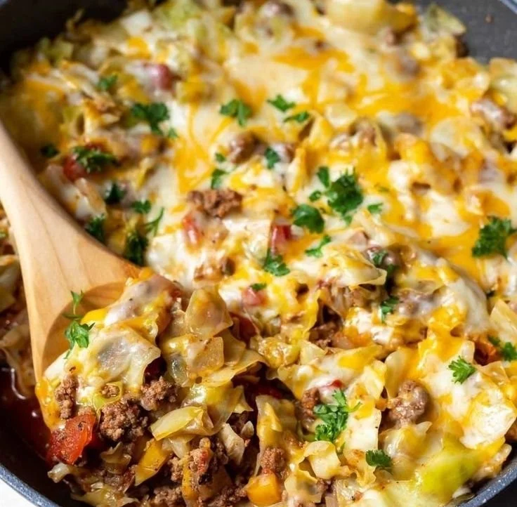 Low carb unstuffed cabbage casserole served in a baking dish