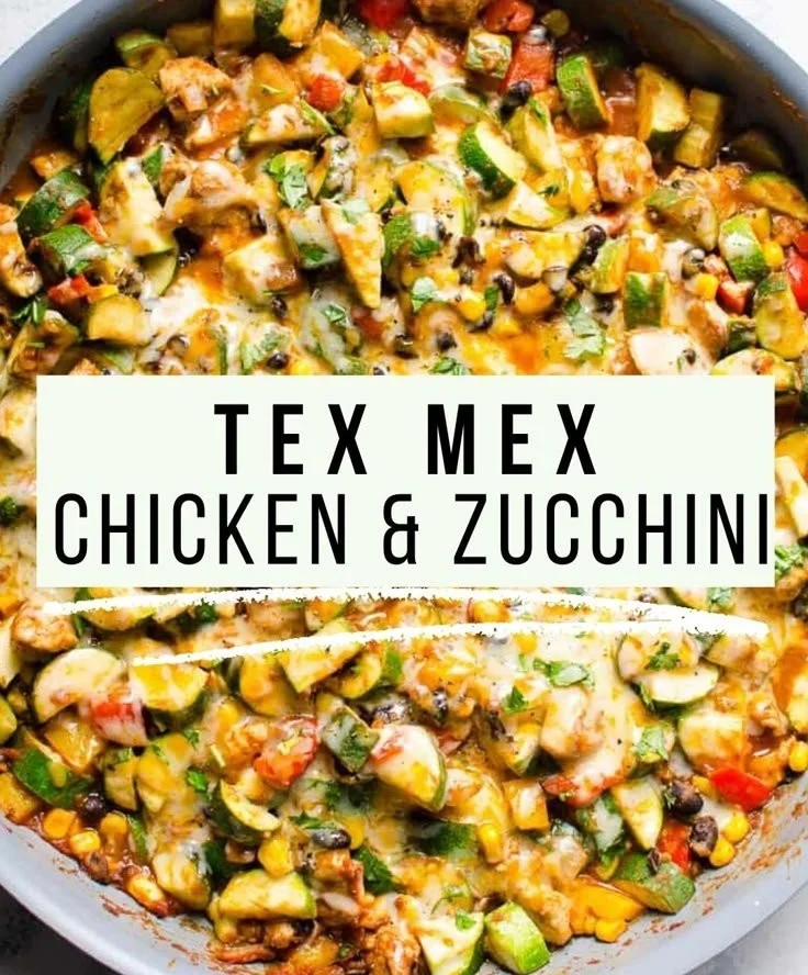 A colorful Mexican-style chicken and zucchini skillet dish garnished with cilantro.