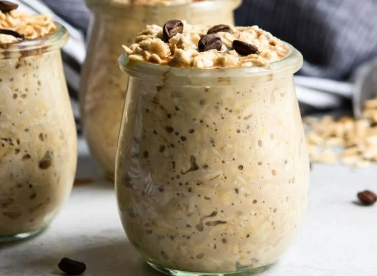 Delicious Vanilla Cold Brew Overnight Oats served in a bowl with toppings.